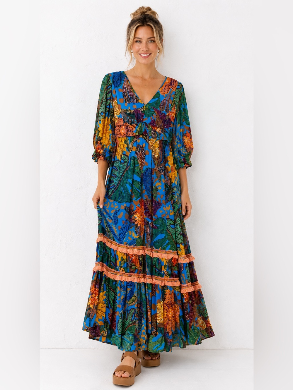 FARM Rio Blue Green Floral Maxi Dress with Orange Accents - Picture 1 of 6